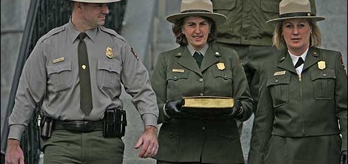 Park Rangers carried the Mendi Bible for the swearing-in ceremony.
(Globe Staff Photo / David L. Ryan)
