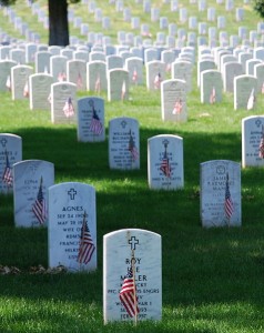 The gravestones at Arlington National Cemetery are decorated by U.S. flags on Memorial Day weekend.