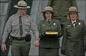 Park Rangers carried the Mendi Bible for the swearing-in ceremony. (Globe Staff Photo / David L. Ryan)
